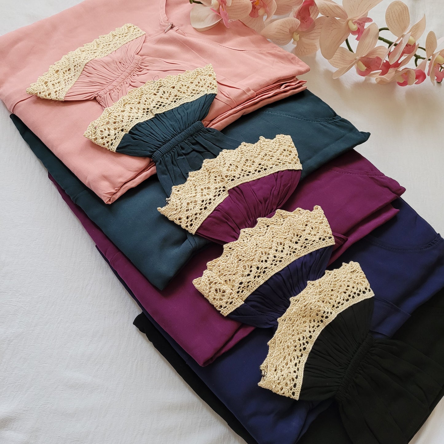 Plain Prayer Dress with Attached Hijab – Soft Viscose  Cotton with Lace Trim | One Size