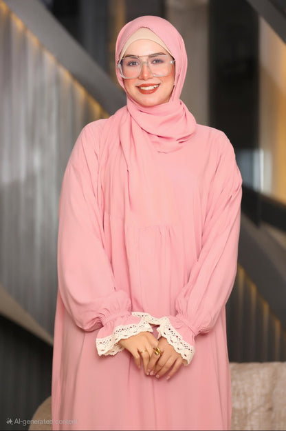 Plain Prayer Dress with Attached Hijab – Soft Viscose  Cotton with Lace Trim | One Size