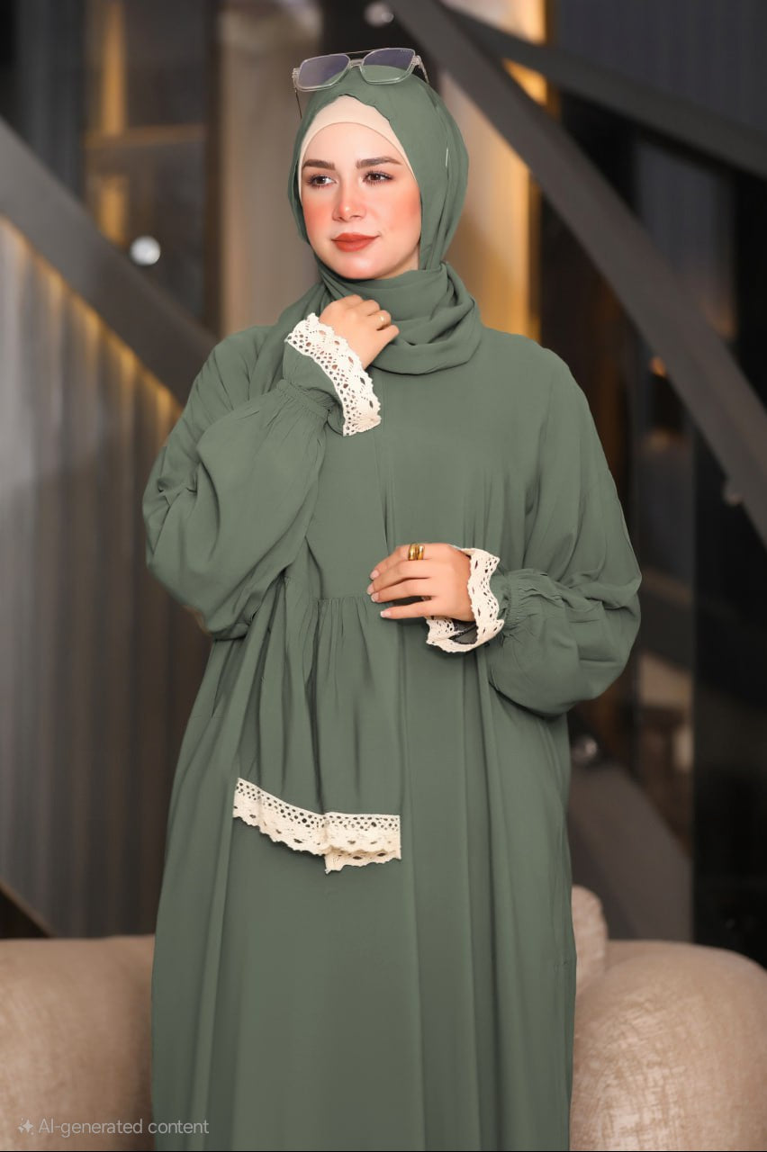 Plain Prayer Dress with Attached Hijab – Soft Viscose  Cotton with Lace Trim | One Size