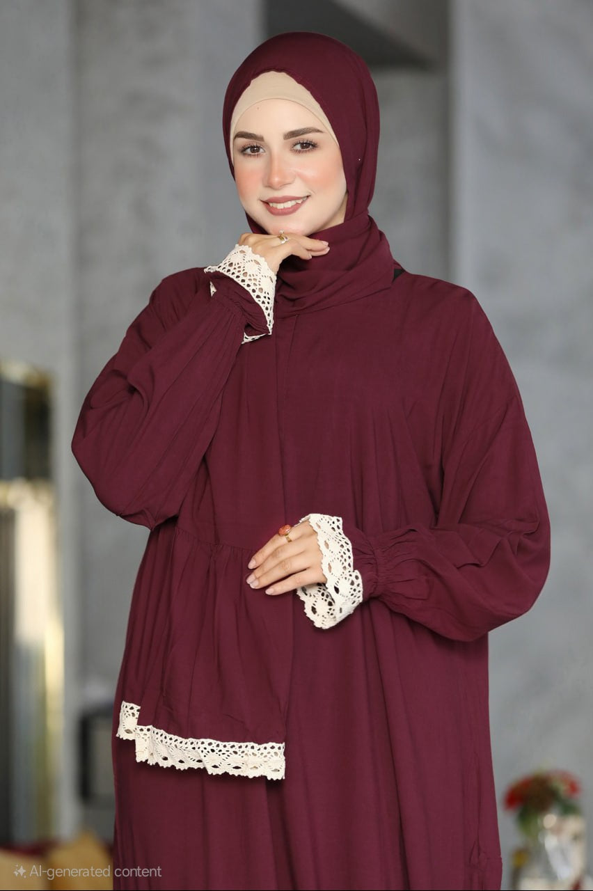 Plain Prayer Dress with Attached Hijab – Soft Viscose  Cotton with Lace Trim | One Size