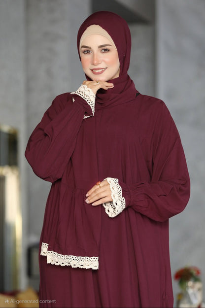 Plain Prayer Dress with Attached Hijab – Soft Viscose  Cotton with Lace Trim | One Size