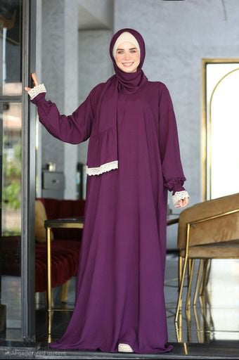 Plain Prayer Dress with Attached Hijab – Soft Viscose  Cotton with Lace Trim | One Size