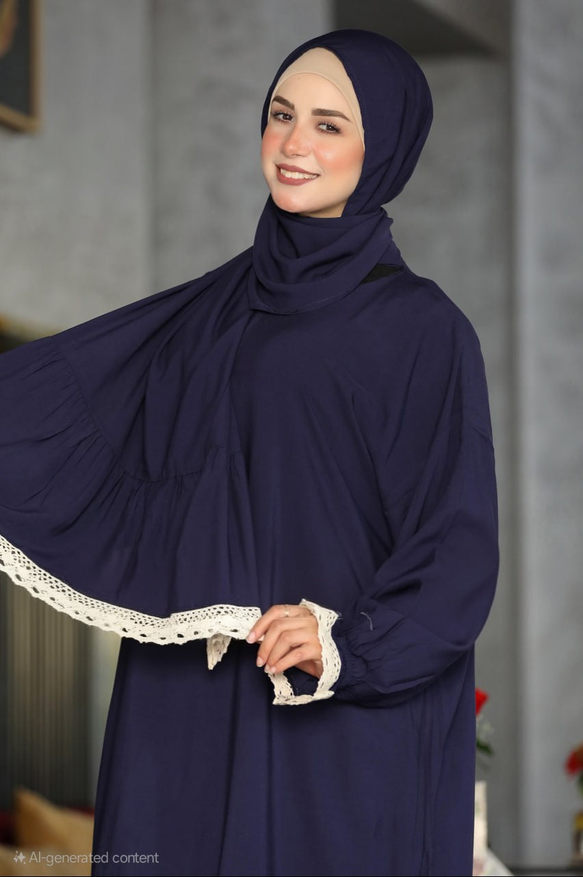 Plain Prayer Dress with Attached Hijab – Soft Viscose  Cotton with Lace Trim | One Size
